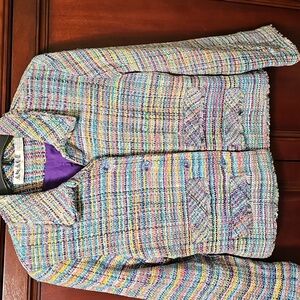 Anage Multicolor Woven Blazer W/ Seqins & Fringed Edges
